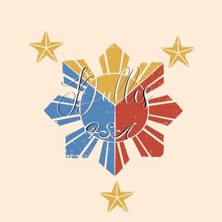 Filipino sun and stars symbol in the colors of the Philippines flag - reg, yellow, and blue on a peach background.